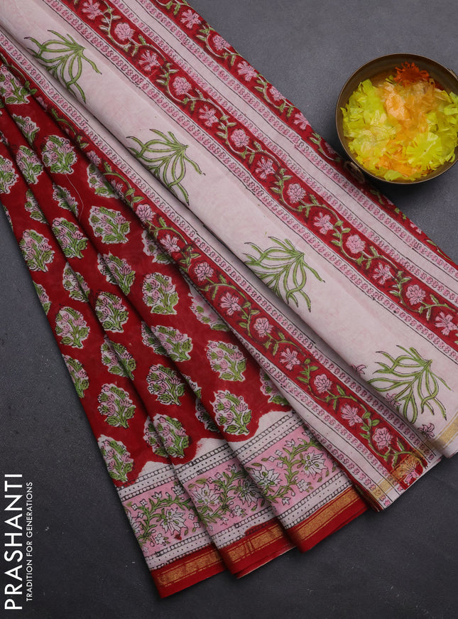 Chanderi bagru saree red and light pink with allover butta prints and small zari woven border