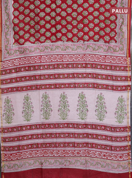 Chanderi bagru saree red and light pink with allover butta prints and small zari woven border