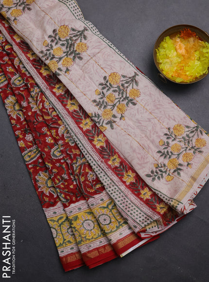 Chanderi bagru saree red and beige with allover kalamkari prints and small zari woven border
