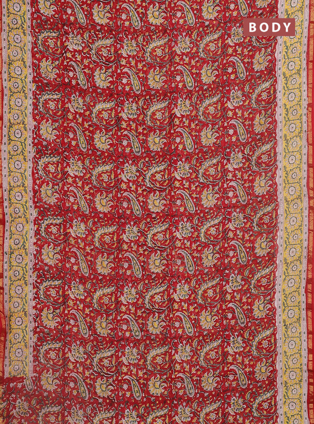 Chanderi bagru saree red and beige with allover kalamkari prints and small zari woven border