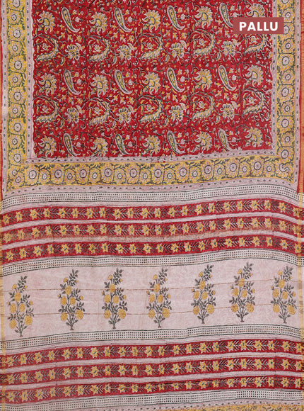 Chanderi bagru saree red and beige with allover kalamkari prints and small zari woven border