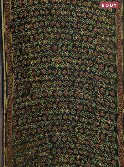 Chanderi bagru saree bottle green with allover ajrakh prints and small zari woven border