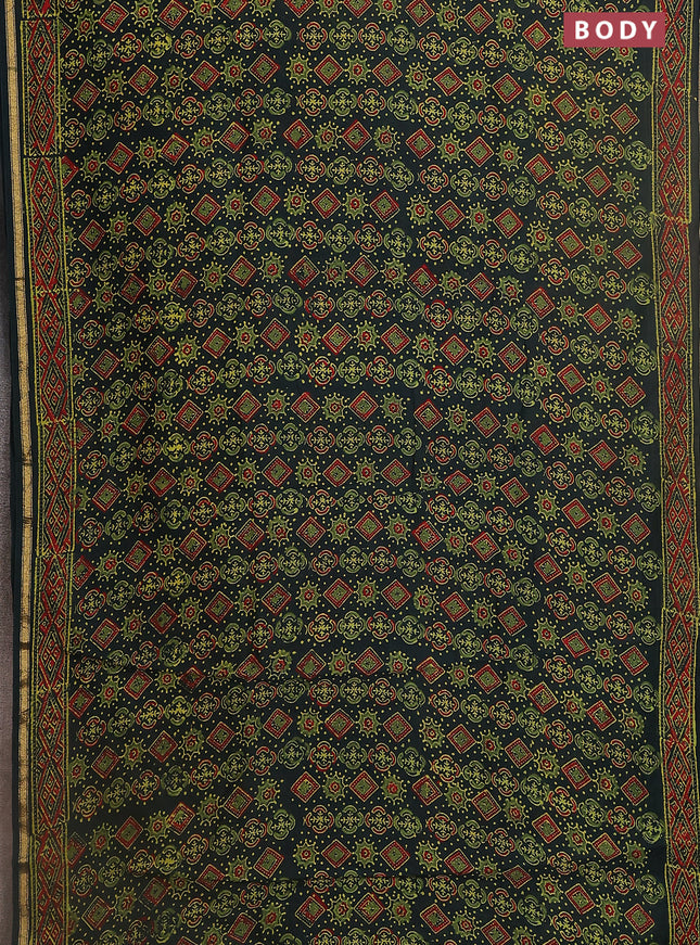 Chanderi bagru saree bottle green with allover ajrakh prints and small zari woven border