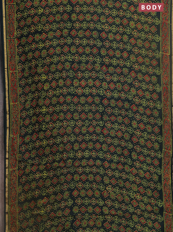 Chanderi bagru saree bottle green with allover ajrakh prints and small zari woven border
