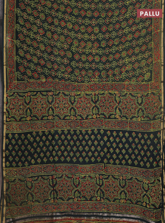 Chanderi bagru saree bottle green with allover ajrakh prints and small zari woven border
