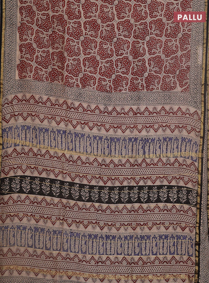 Chanderi bagru saree maroon and beige with kalamkari prints and small zari woven border