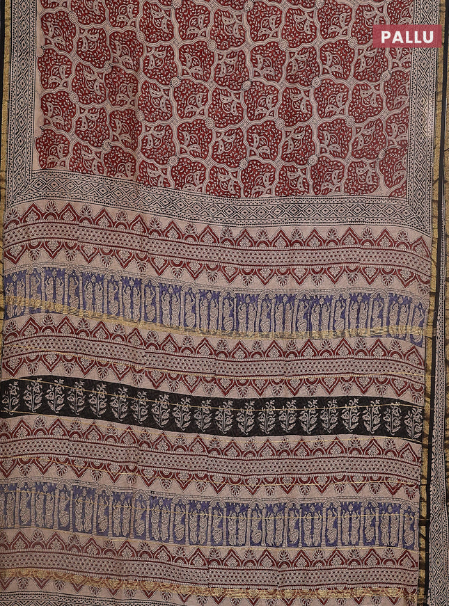 Chanderi bagru saree maroon and beige with kalamkari prints and small zari woven border