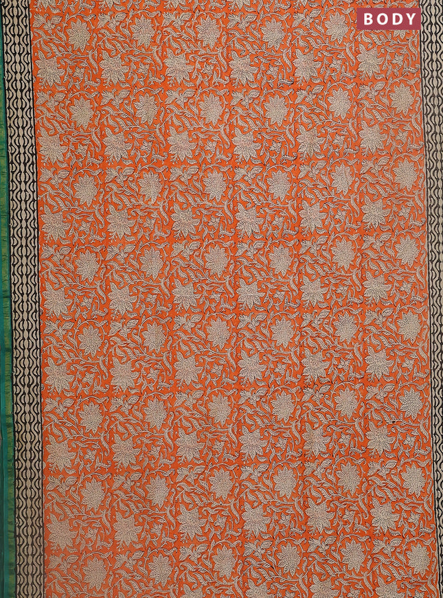 Chanderi bagru saree orange and beige teal green with allover kalamkari prints and small zari woven border