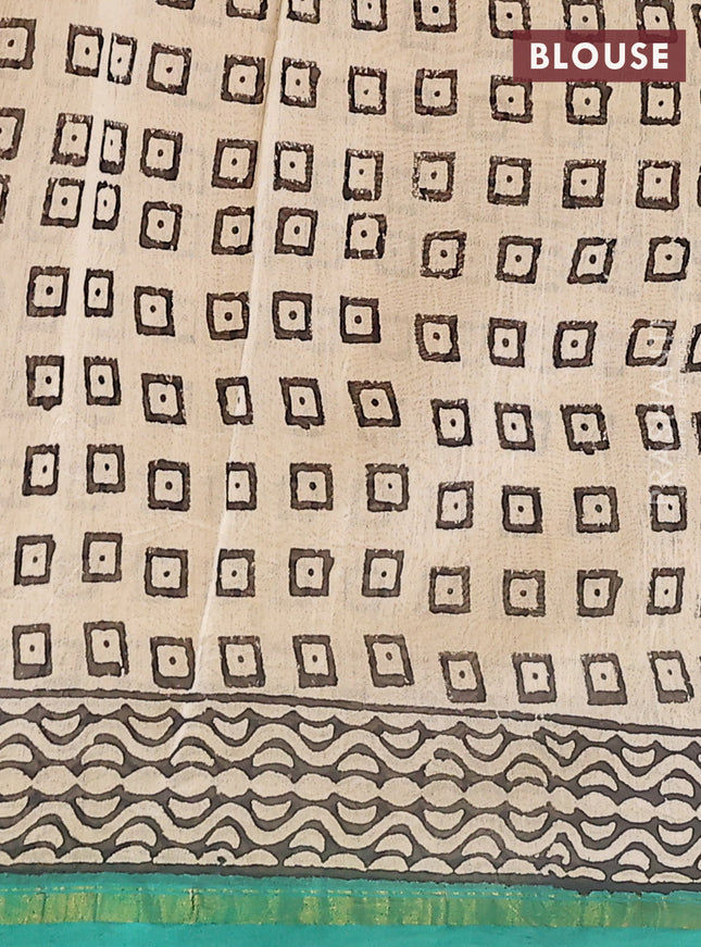 Chanderi bagru saree orange and beige teal green with allover kalamkari prints and small zari woven border