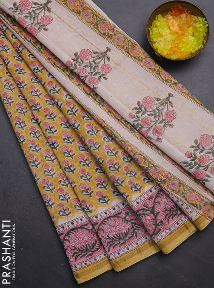 Chanderi bagru saree mustard yellow and peach pink with allover floral butta prints and small zari woven border