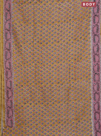 Chanderi bagru saree mustard yellow and peach pink with allover floral butta prints and small zari woven border