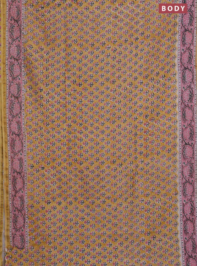 Chanderi bagru saree mustard yellow and peach pink with allover floral butta prints and small zari woven border