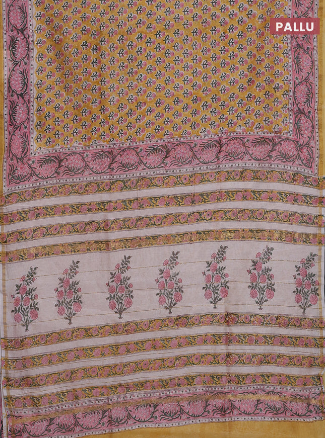 Chanderi bagru saree mustard yellow and peach pink with allover floral butta prints and small zari woven border