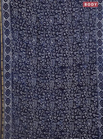 Chanderi bagru saree indigo blue and off white with allover batik prints and small zari woven border