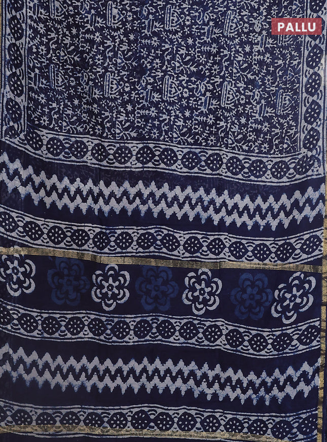 Chanderi bagru saree indigo blue and off white with allover batik prints and small zari woven border