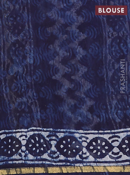 Chanderi bagru saree indigo blue and off white with allover batik prints and small zari woven border