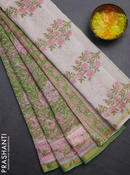 Chanderi bagru saree pista green and light pink with allover kalamkari prints and small zari woven border