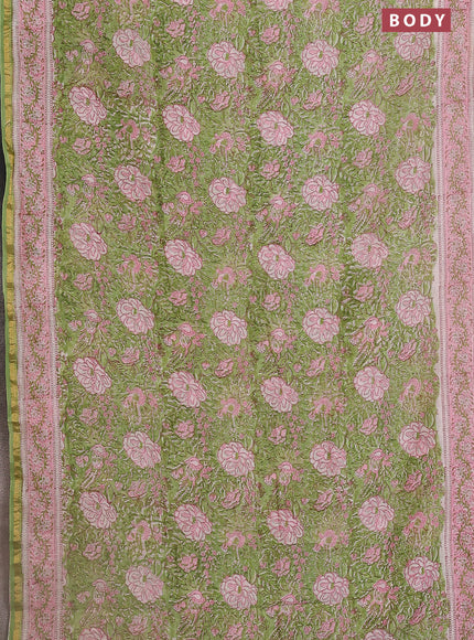 Chanderi bagru saree pista green and light pink with allover kalamkari prints and small zari woven border