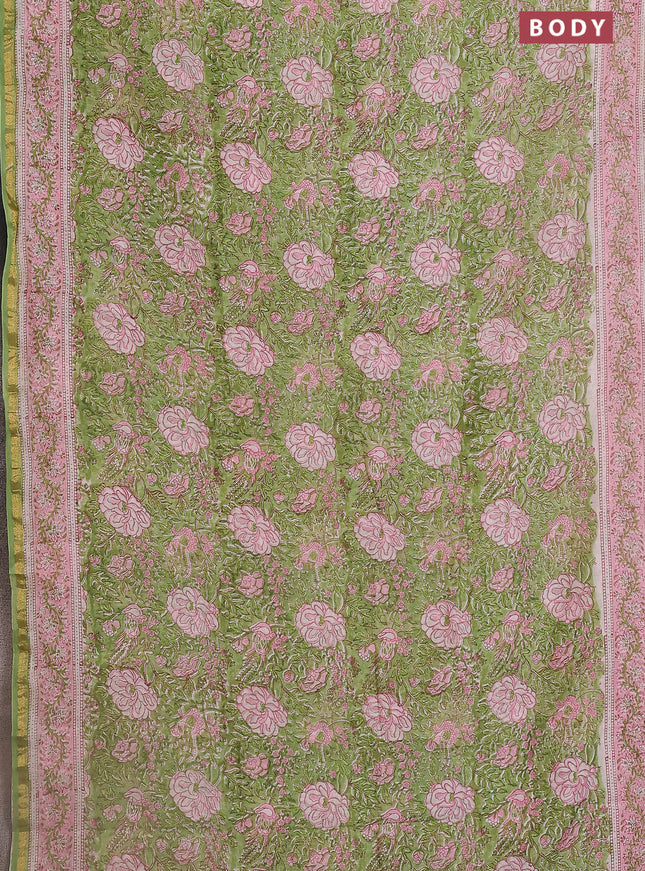 Chanderi bagru saree pista green and light pink with allover kalamkari prints and small zari woven border