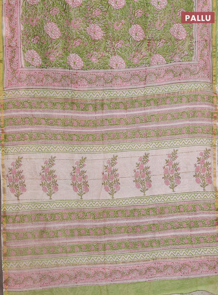 Chanderi bagru saree pista green and light pink with allover kalamkari prints and small zari woven border