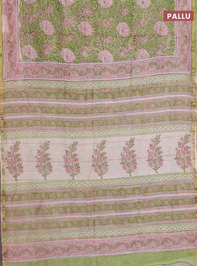 Chanderi bagru saree pista green and light pink with allover kalamkari prints and small zari woven border