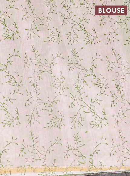 Chanderi bagru saree pista green and light pink with allover kalamkari prints and small zari woven border