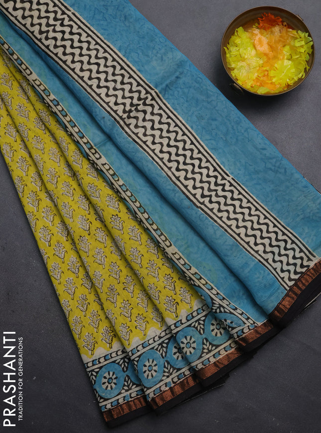 Chanderi bagru saree lime yellow and blue black with allover butta prints and small zari woven border