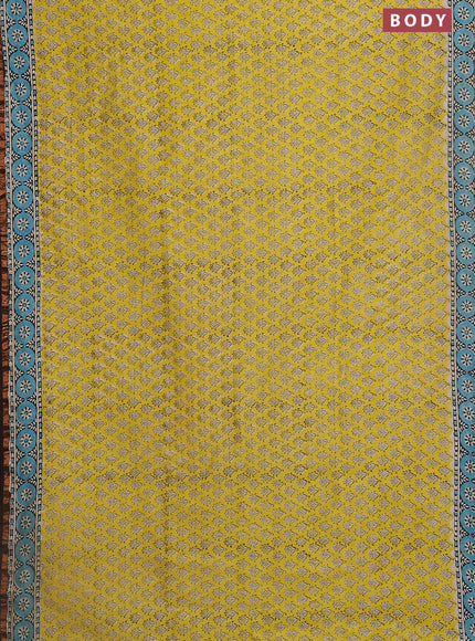 Chanderi bagru saree lime yellow and blue black with allover butta prints and small zari woven border