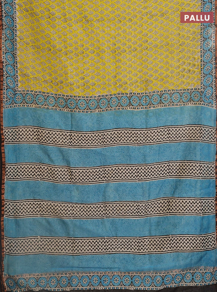 Chanderi bagru saree lime yellow and blue black with allover butta prints and small zari woven border