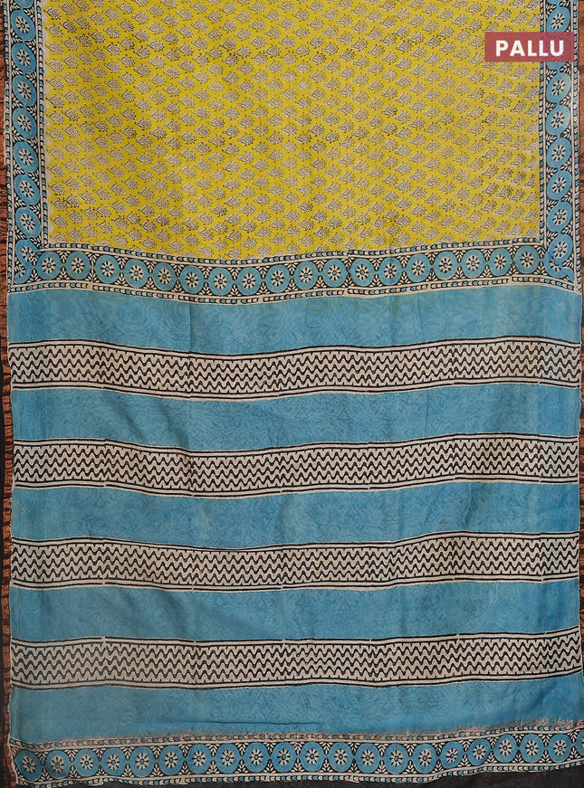 Chanderi bagru saree lime yellow and blue black with allover butta prints and small zari woven border