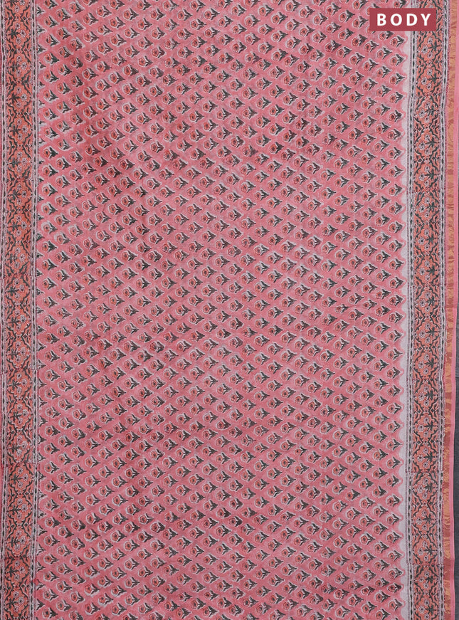 Chanderi bagru saree peach pink with floral butta prints and small zari woven border