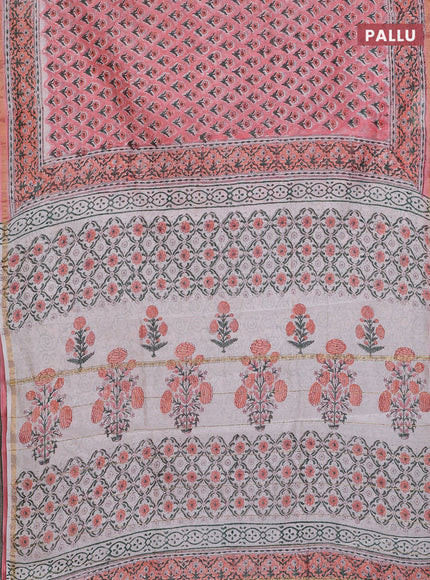 Chanderi bagru saree peach pink with floral butta prints and small zari woven border