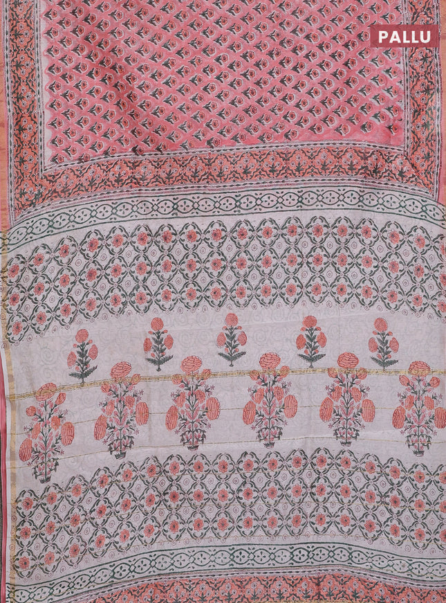 Chanderi bagru saree peach pink with floral butta prints and small zari woven border