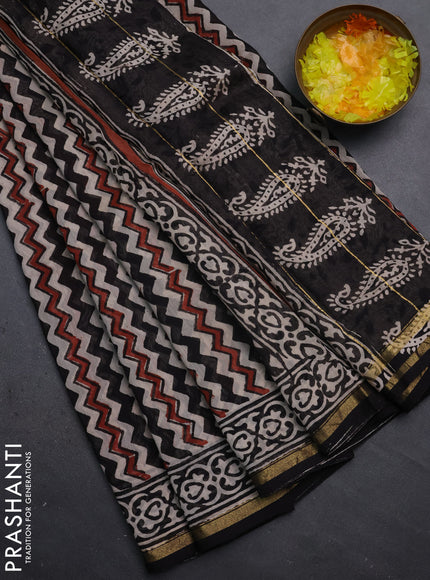 Chanderi bagru saree beige and black with allover zig zag prints and small zari woven border