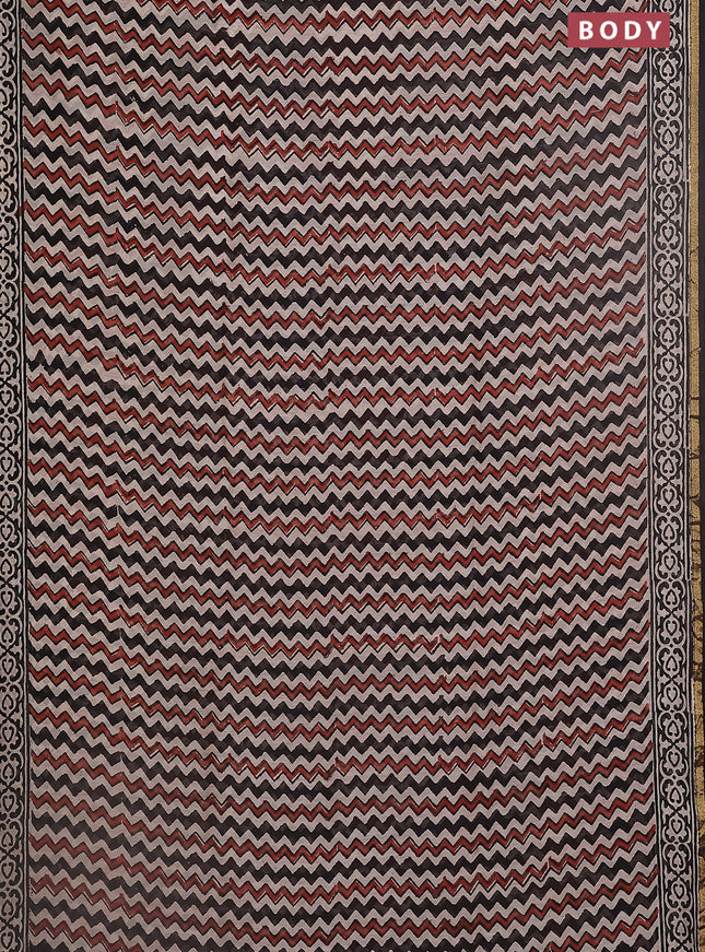 Chanderi bagru saree beige and black with allover zig zag prints and small zari woven border