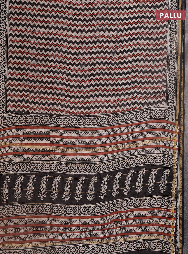 Chanderi bagru saree beige and black with allover zig zag prints and small zari woven border