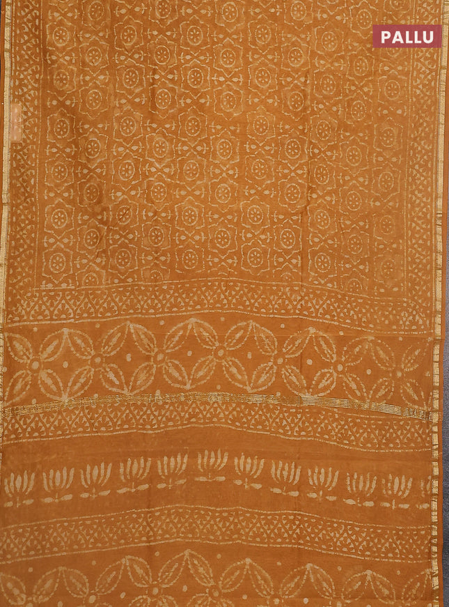 Chanderi bagru saree mustard yellow with allover dabu prints and small zari woven border
