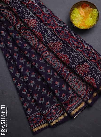 Chanderi bagru saree deep jamun with floral butta prints and small zari woven border