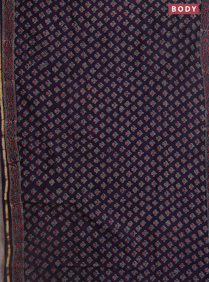 Chanderi bagru saree deep jamun with floral butta prints and small zari woven border