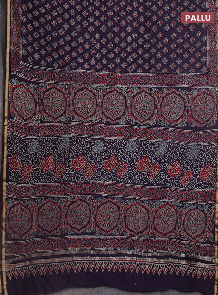 Chanderi bagru saree deep jamun with floral butta prints and small zari woven border