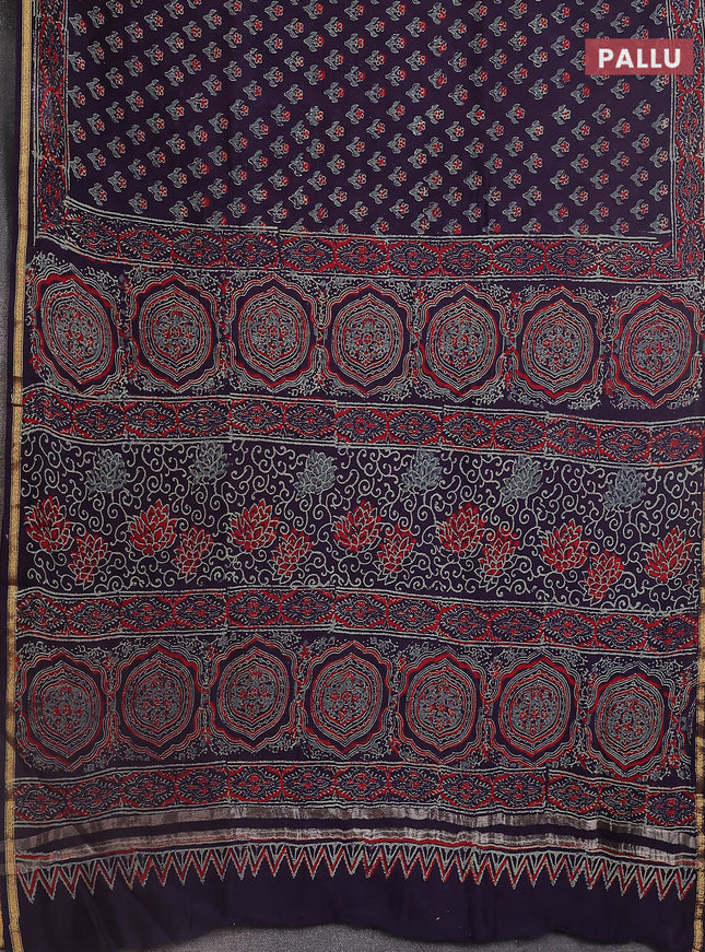 Chanderi bagru saree deep jamun with floral butta prints and small zari woven border