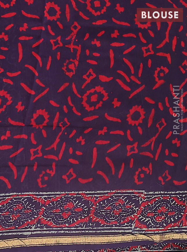 Chanderi bagru saree deep jamun with floral butta prints and small zari woven border