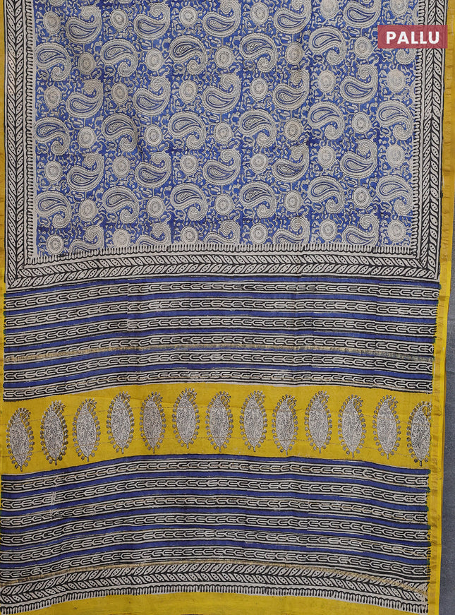Chanderi bagru saree blue and yellow with allover paisley prints and small zari woven border