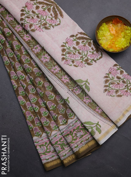 Chanderi bagru saree mehendi green and off white with floral butta prints and small zari woven border