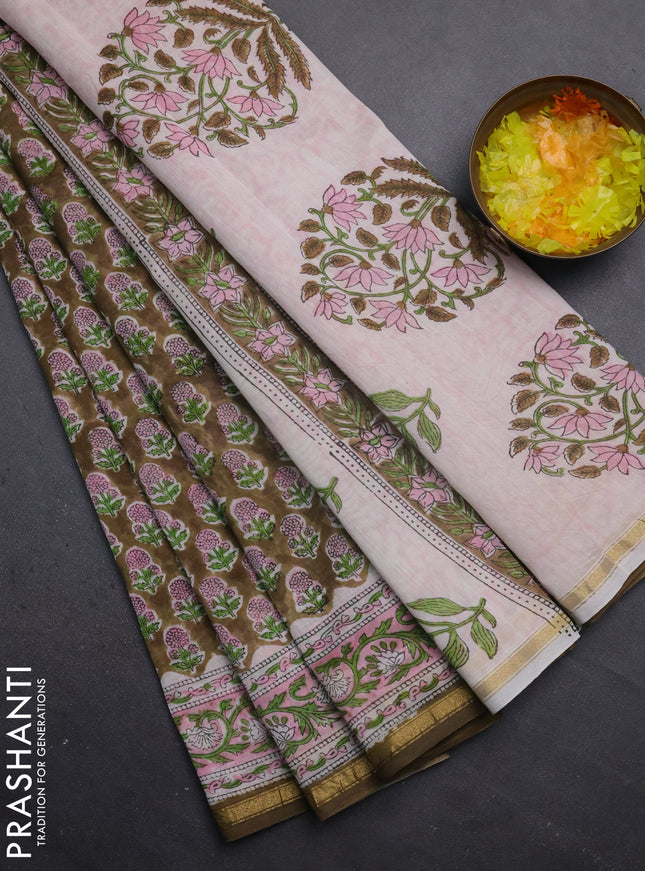 Chanderi bagru saree mehendi green and off white with floral butta prints and small zari woven border