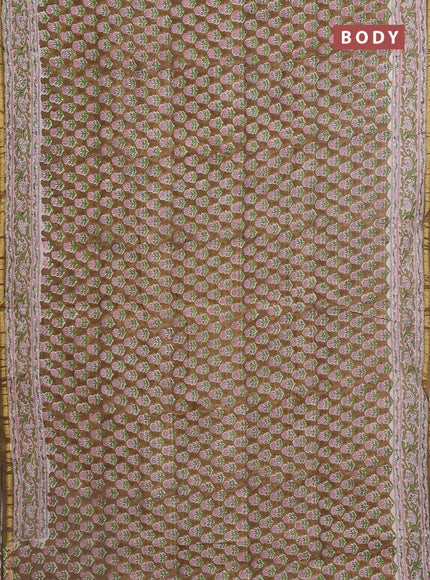 Chanderi bagru saree mehendi green and off white with floral butta prints and small zari woven border