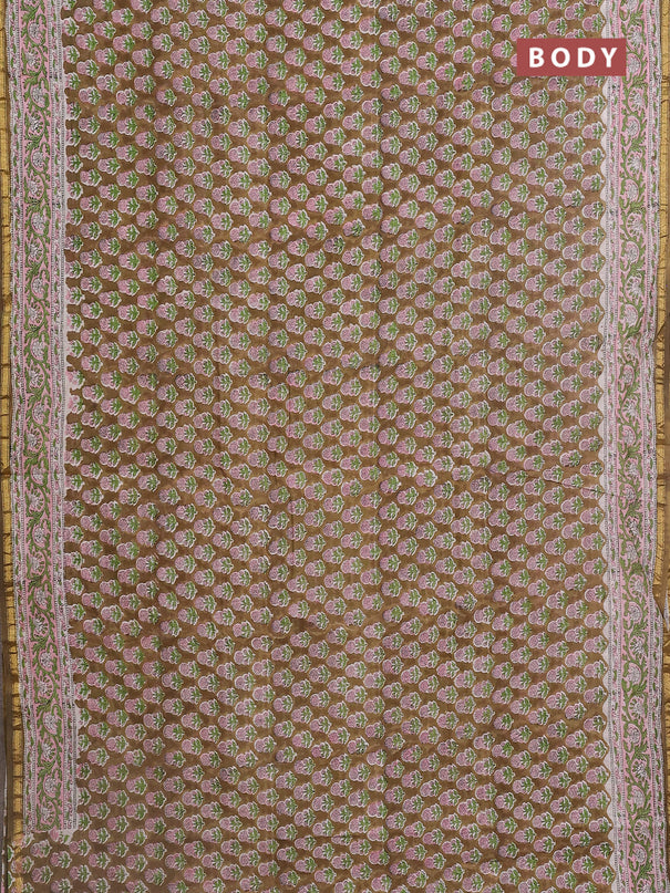 Chanderi bagru saree mehendi green and off white with floral butta prints and small zari woven border