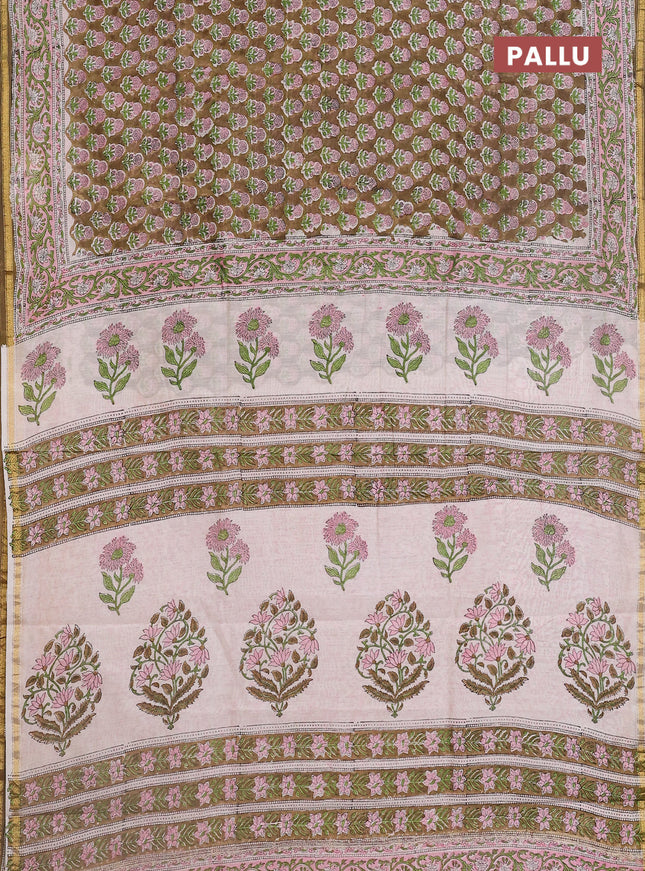 Chanderi bagru saree mehendi green and off white with floral butta prints and small zari woven border