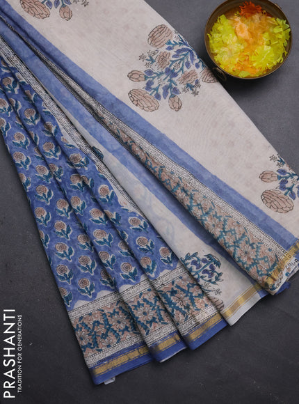 Chanderi bagru saree blue shade and off white with floral butta prints and small zari woven border