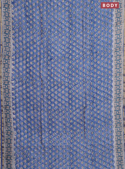 Chanderi bagru saree blue shade and off white with floral butta prints and small zari woven border
